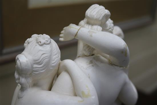 A plaster model of The Three Graces under a glass dome height 43cm